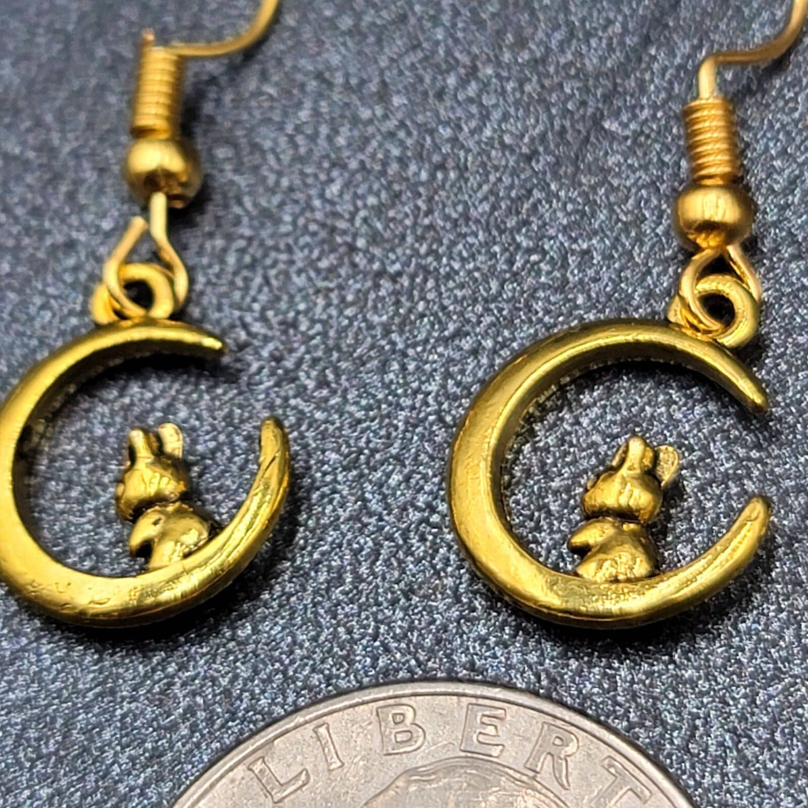 New Bunny Rabbit on Crescent Moon Pierced Earrings Gold tone Dangle 5/8"