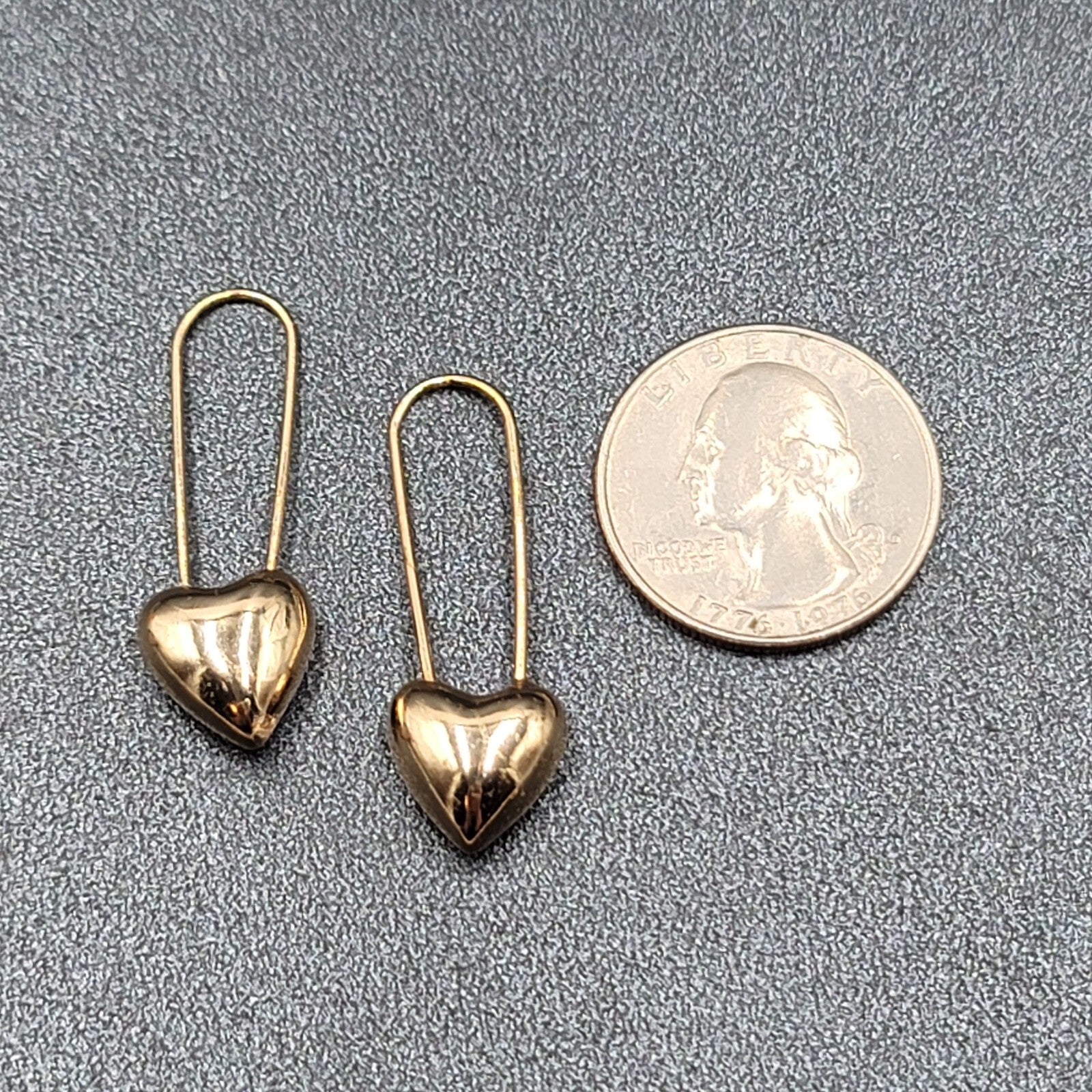 Pierced Earrings Gold Plated Pink Heart Dangle Loops 1 3/8"
