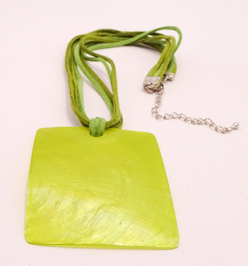 Green Leather Necklace w/ Large Shell Pendant Boho Hippie 16" - 19"