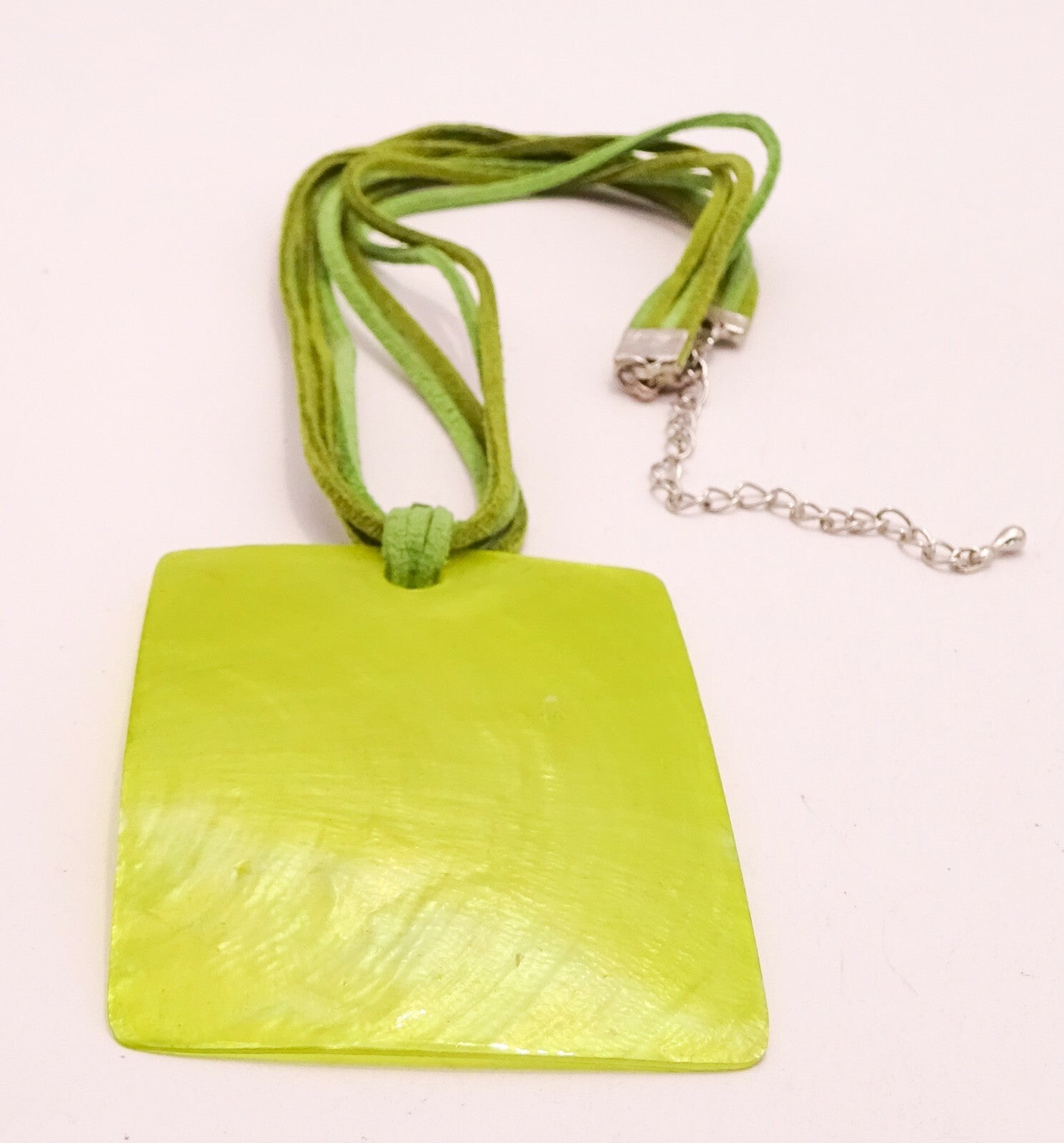 Green Leather Necklace w/ Large Shell Pendant Boho Hippie 16" - 19"