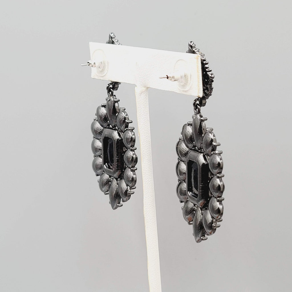 Pierced Earrings Black Metal Black Rhinestone Dangle 2.5"