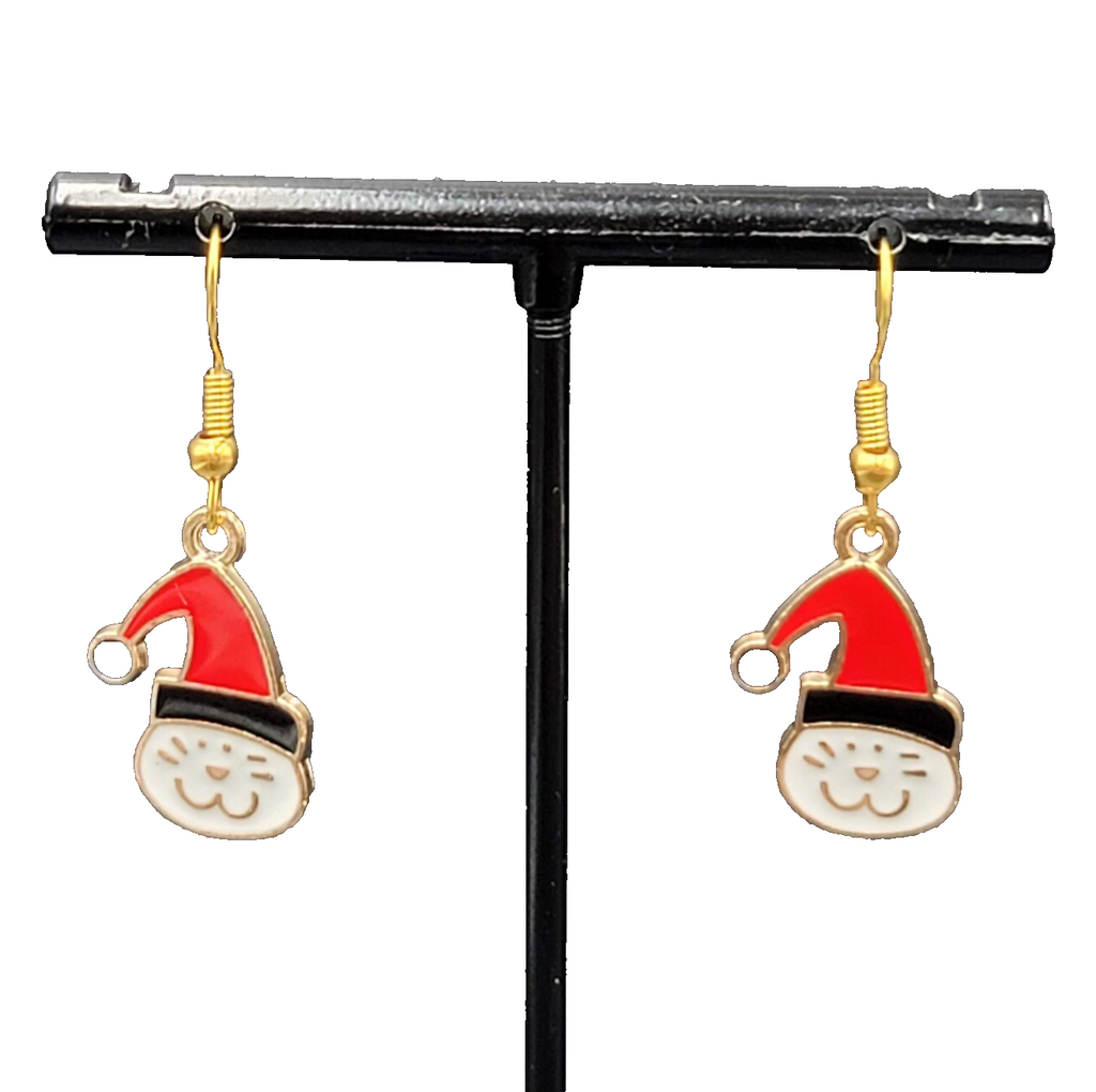 Christmas Kitty Cat Red Cap Pierced Earrings Gold tone Enamel Dangle 7/8"