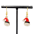 Christmas Kitty Cat Red Cap Pierced Earrings Gold tone Enamel Dangle 7/8"