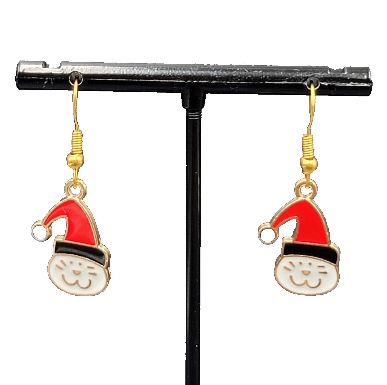 Christmas Kitty Cat Red Cap Pierced Earrings Gold tone Enamel Dangle 7/8"