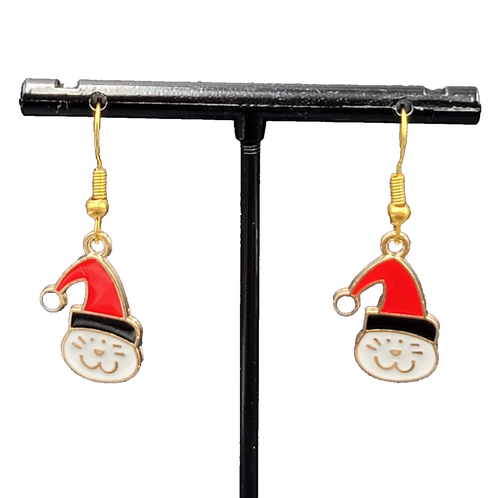 Christmas Kitty Cat Red Cap Pierced Earrings Gold tone Enamel Dangle 7/8"