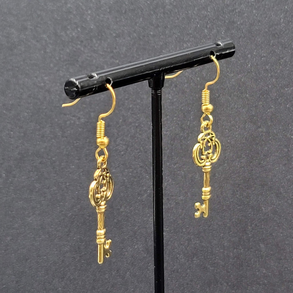 Skeleton Key Pierced Earrings Gold Plated Dangle 1"