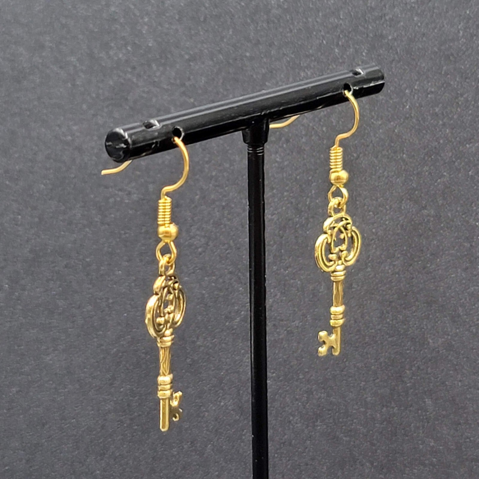 Skeleton Key Pierced Earrings Gold Plated Dangle 1"