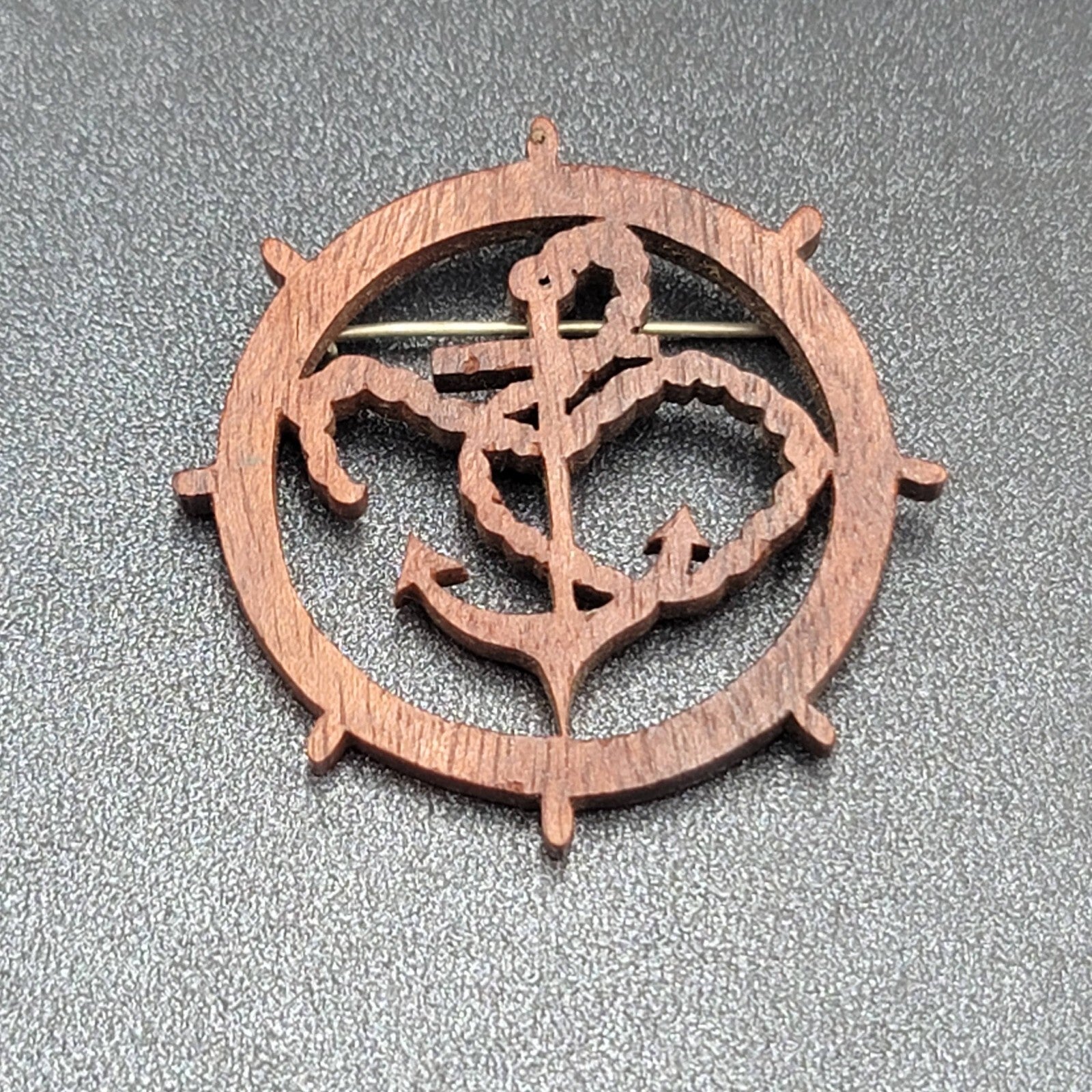 Vintage Brooch Wood Scroll Work Anchor Nautical Estate Jewelry 1.75"