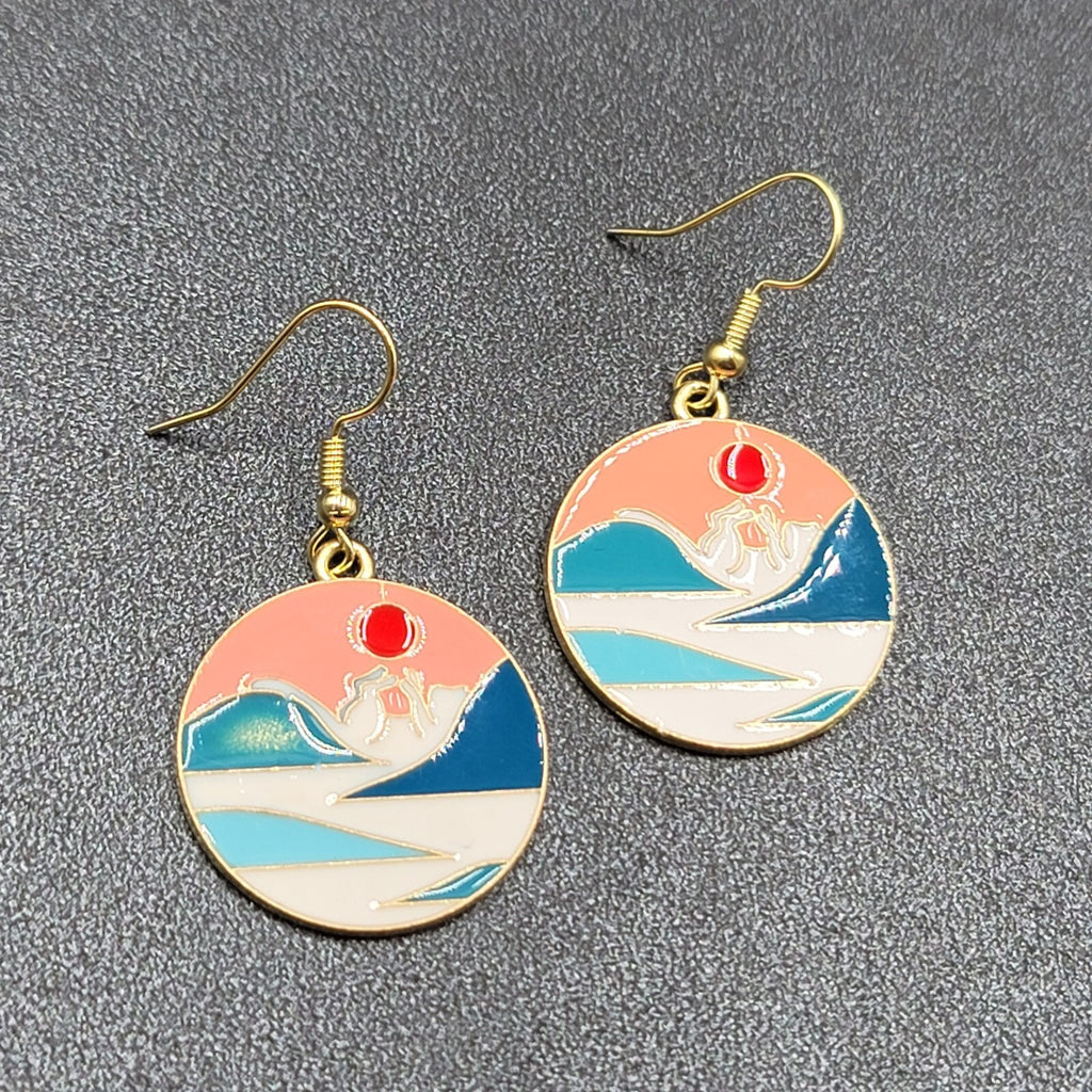 Kitty Cat Playing w Sun Pierced Earrings Japanese Style Art Gold tone Dangle 1"