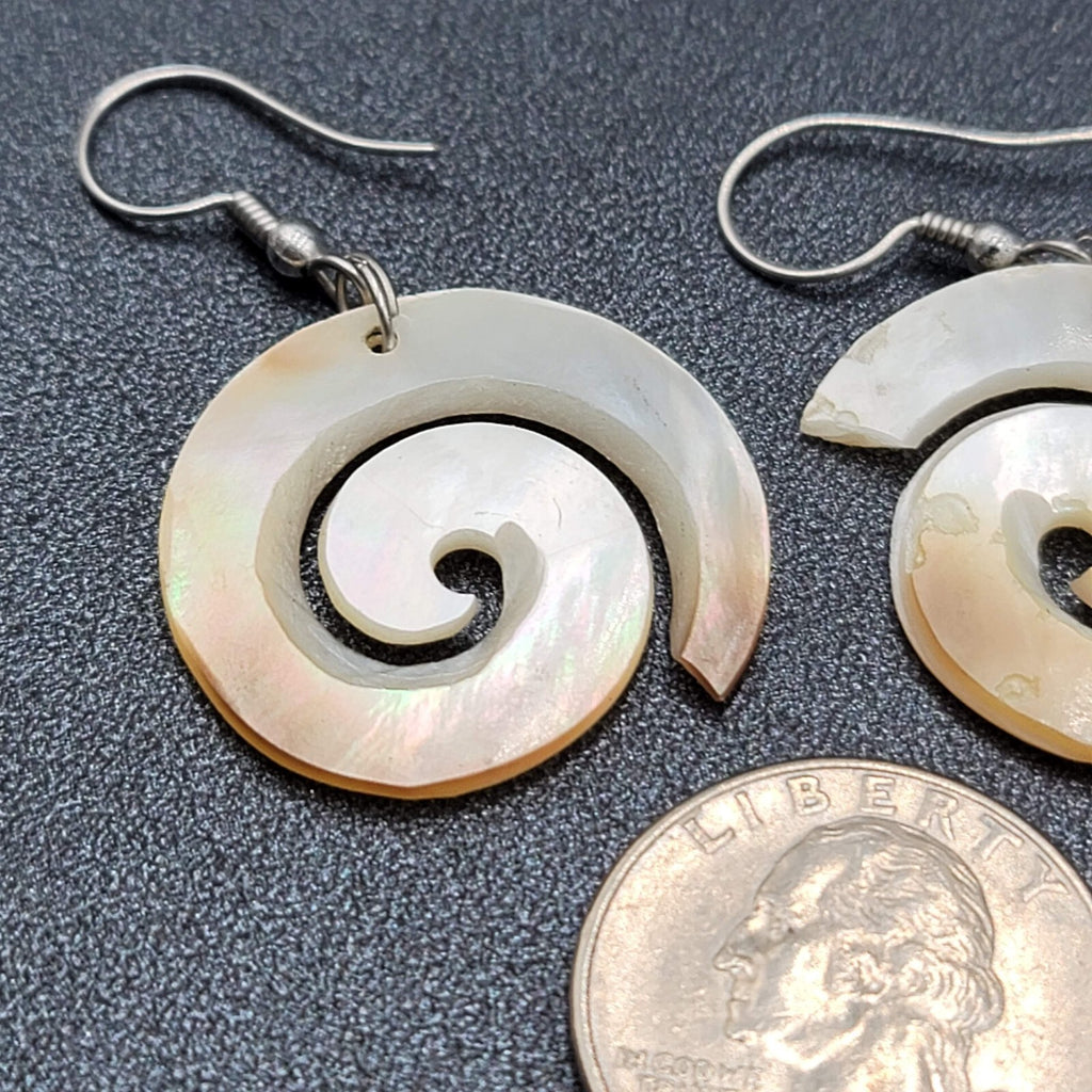 Pierced Earrings Silver tone Mother of Pearl Hand Carved Spirals  1.25"