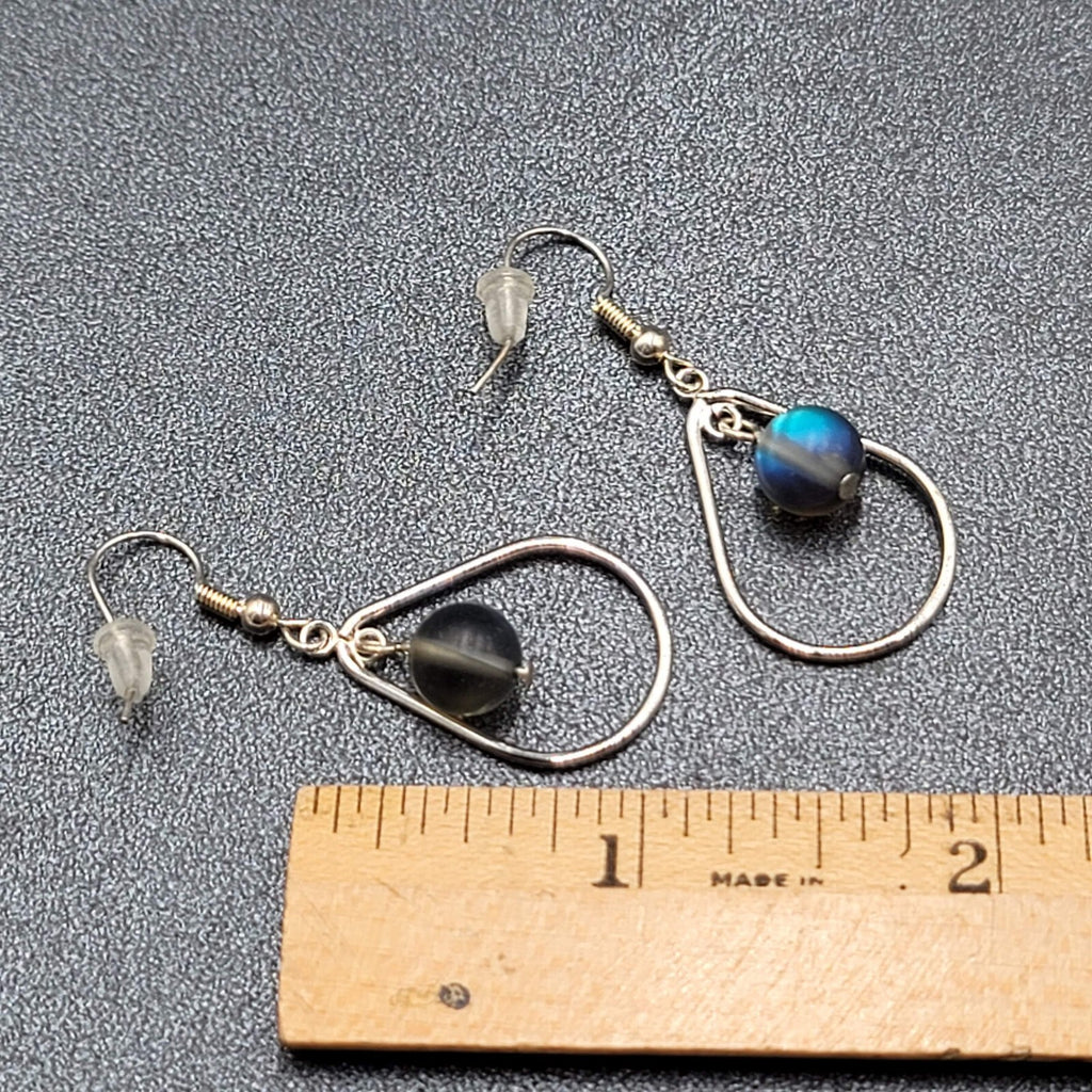 Pierced Earrings Silver tone Blue Gray Bead Teardrop Dangle 1 1/8"