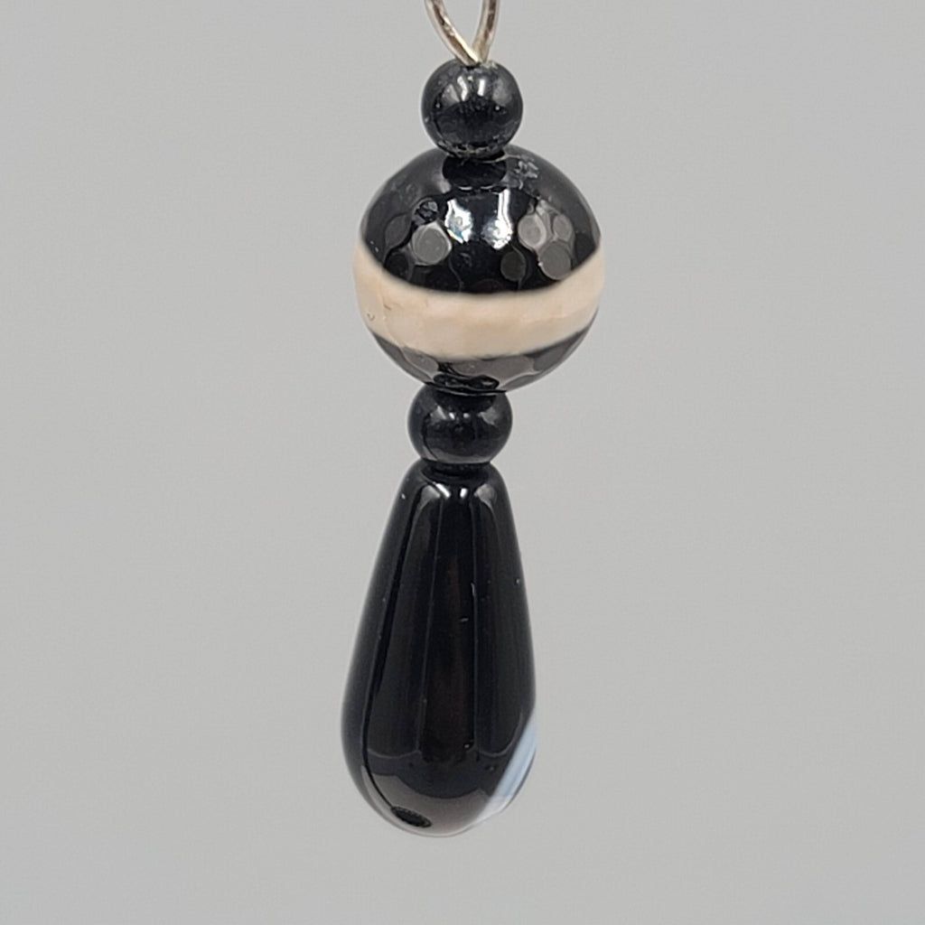 Pierced Earrings Silver tone Black Brown Art Glass Bead Dangle 1.5"