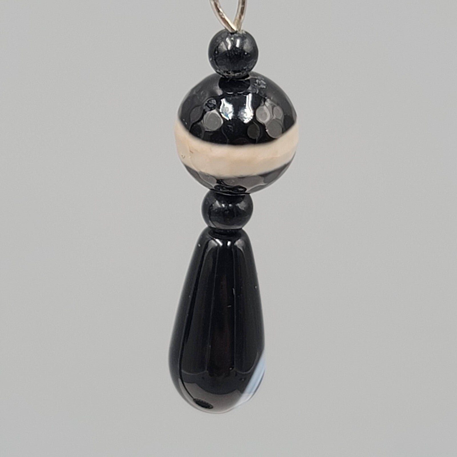Pierced Earrings Silver tone Black Brown Art Glass Bead Dangle 1.5"