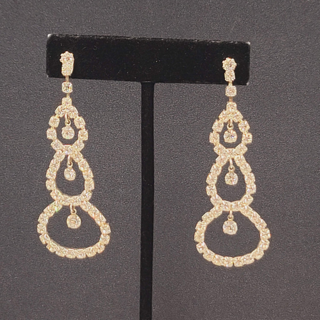 Long Rhinestone Pierced Earrings Silver tone Dangle Open Circles 2.75"