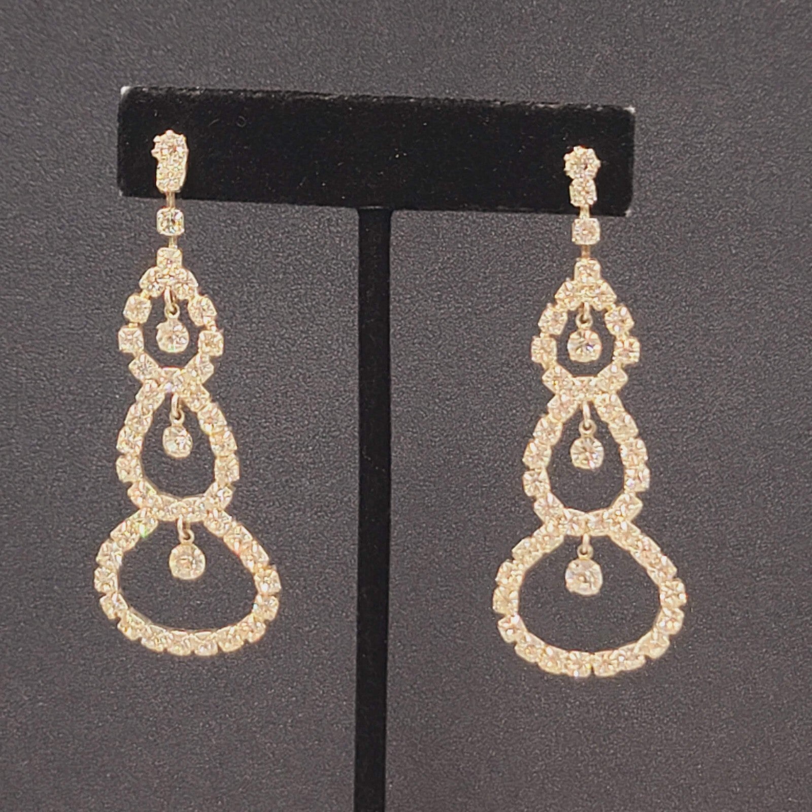 Long Rhinestone Pierced Earrings Silver tone Dangle Open Circles 2.75"