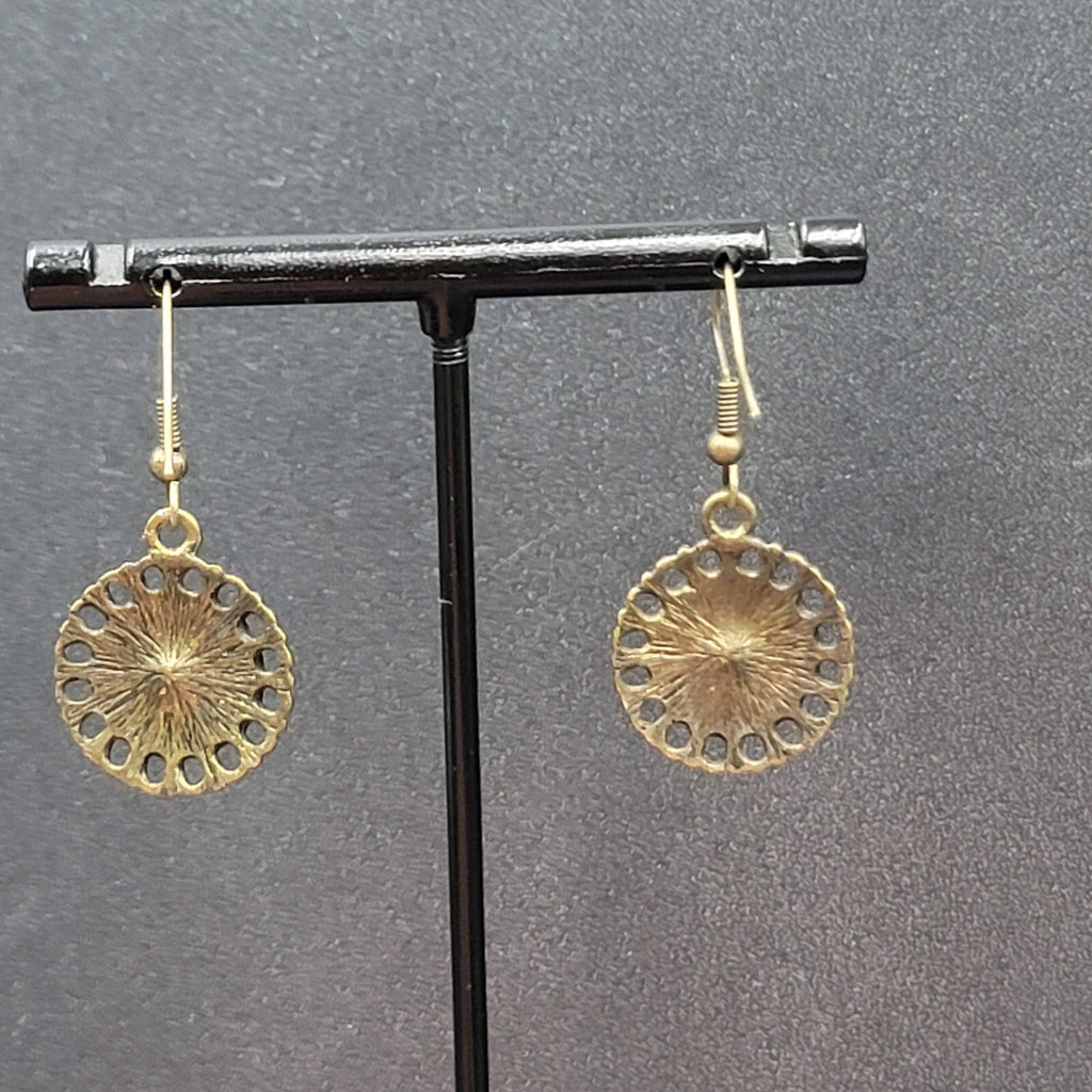 Pierced Earrings Bronze tone Orange Rhinestone Round Filigree 7/8"