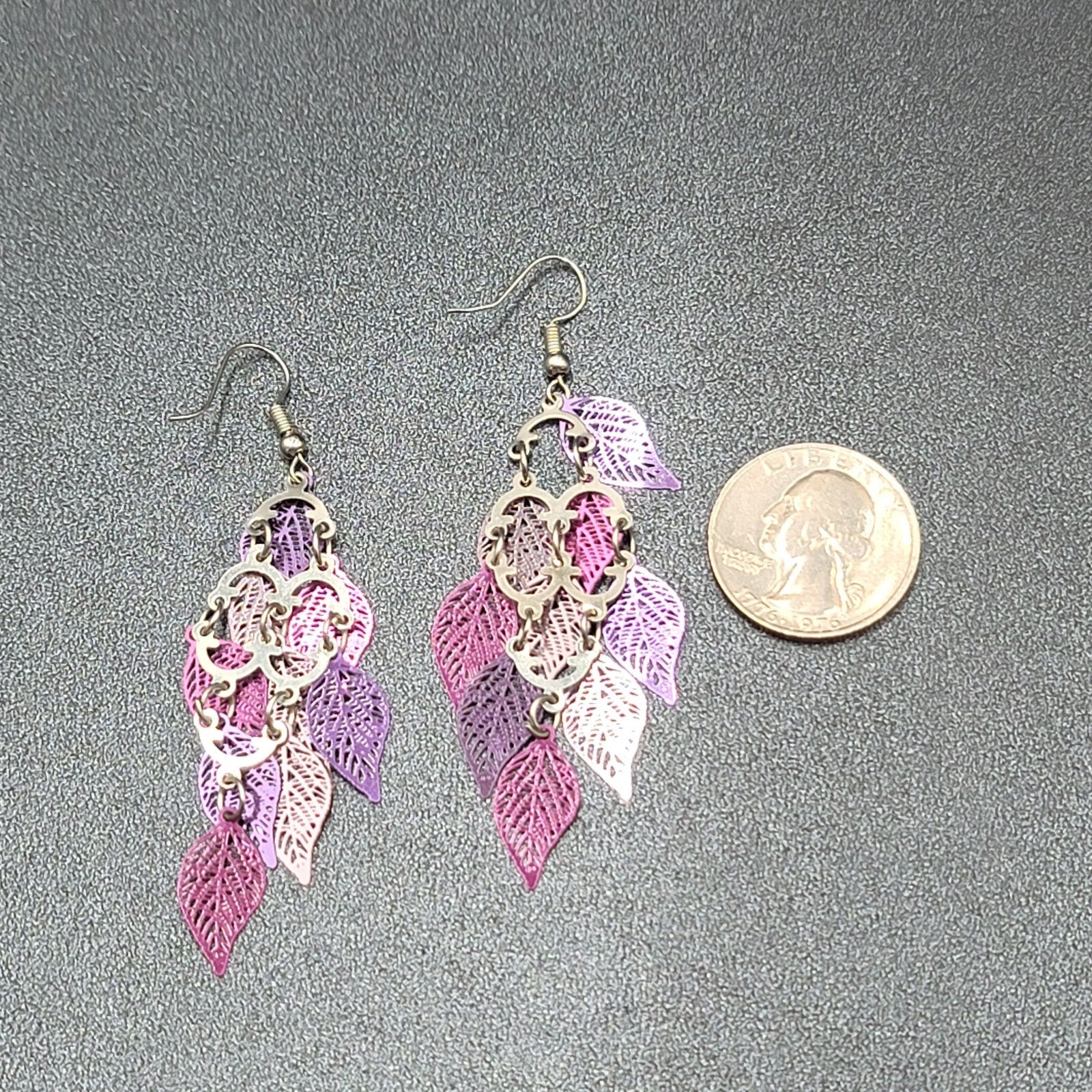 Pierced Earrings Purple Metal Laser Cut Chandelier Dangle 2.5"