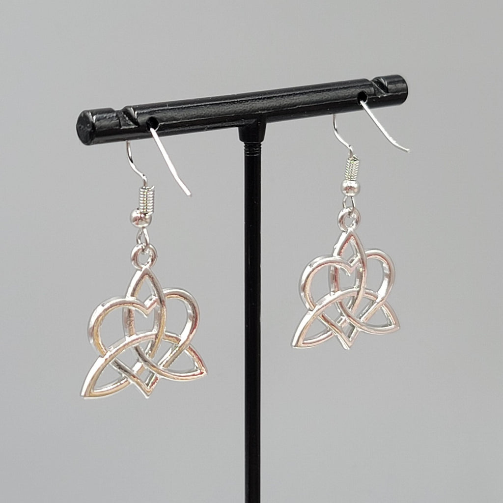 Celtic Heart Knot Pierced Earrings Silver tone Dangle 7/8"