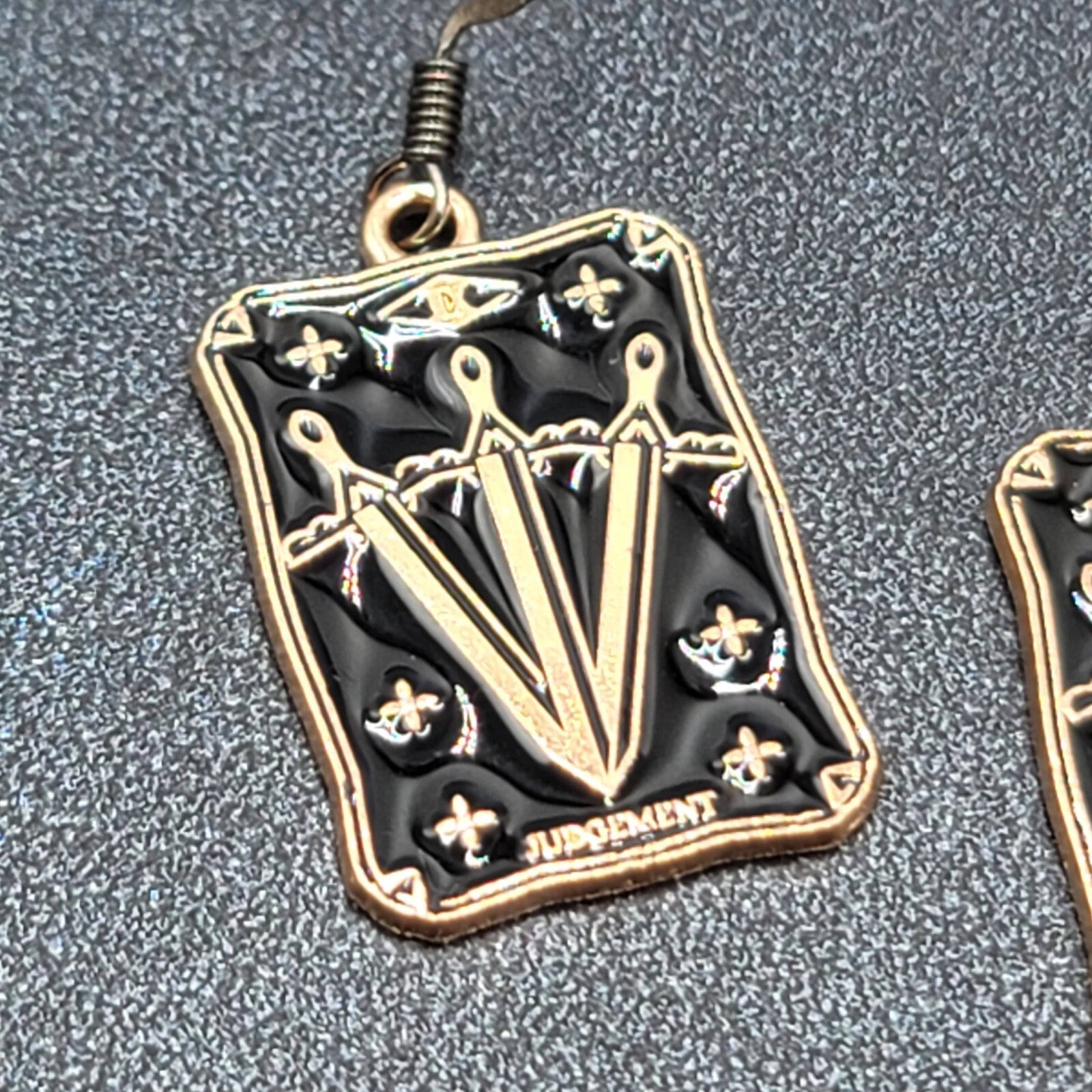 Tarot Card Pierced Earrings JUDGEMENT 3 Swords Gold tone Black 1"