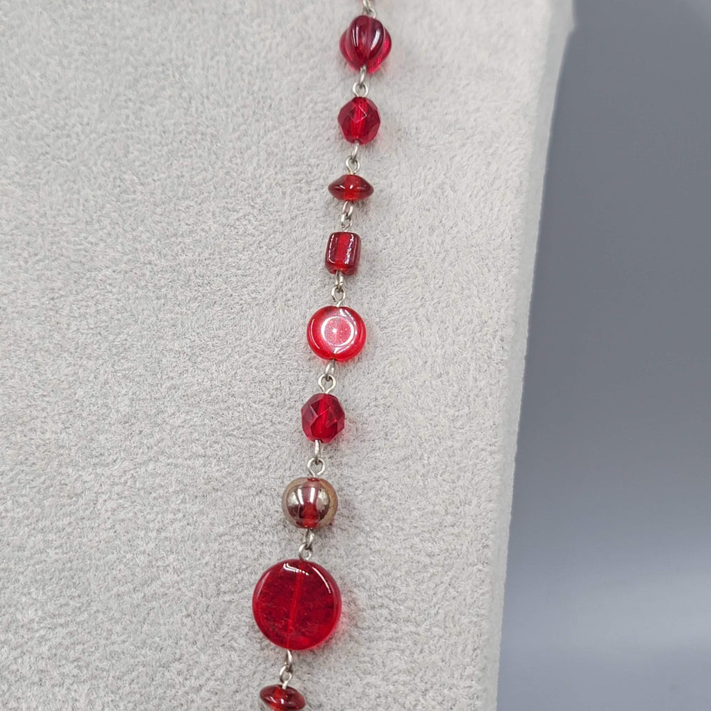 Ann Pedan Red Art Glass Bead Necklace Silver tone Long 26 in
