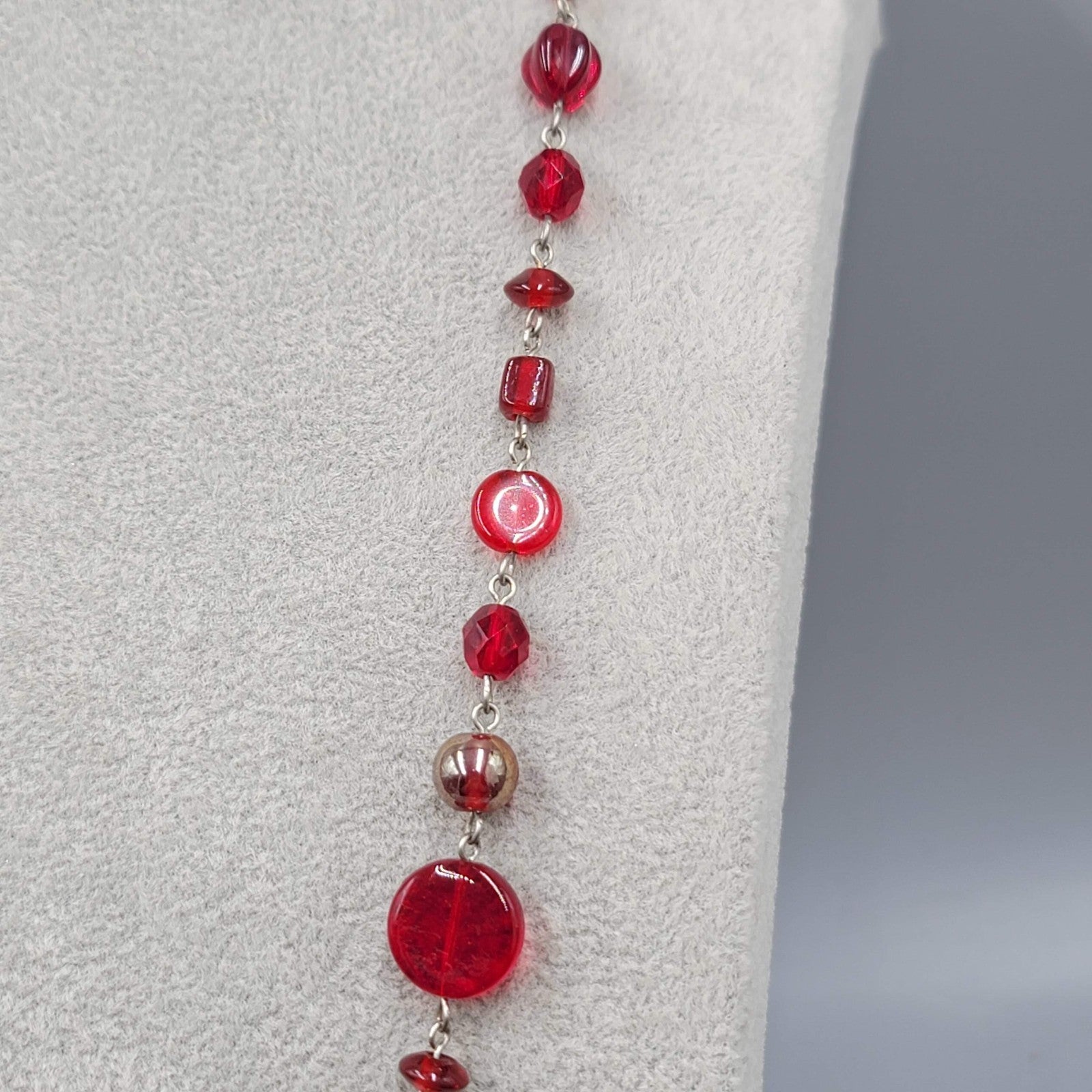 Ann Pedan Red Art Glass Bead Necklace Silver tone Long 26 in