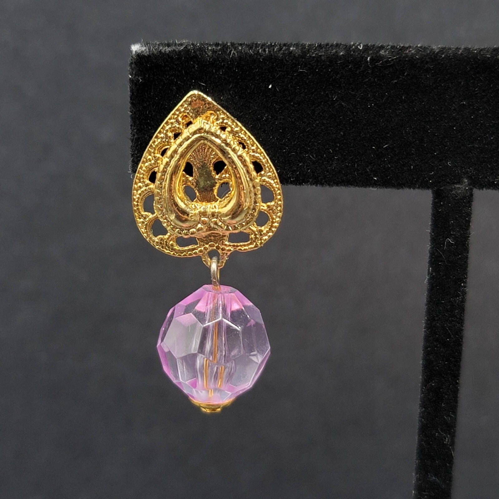 Pierced Earrings Gold tone Purple Plastic Bead Dangle 1.25"