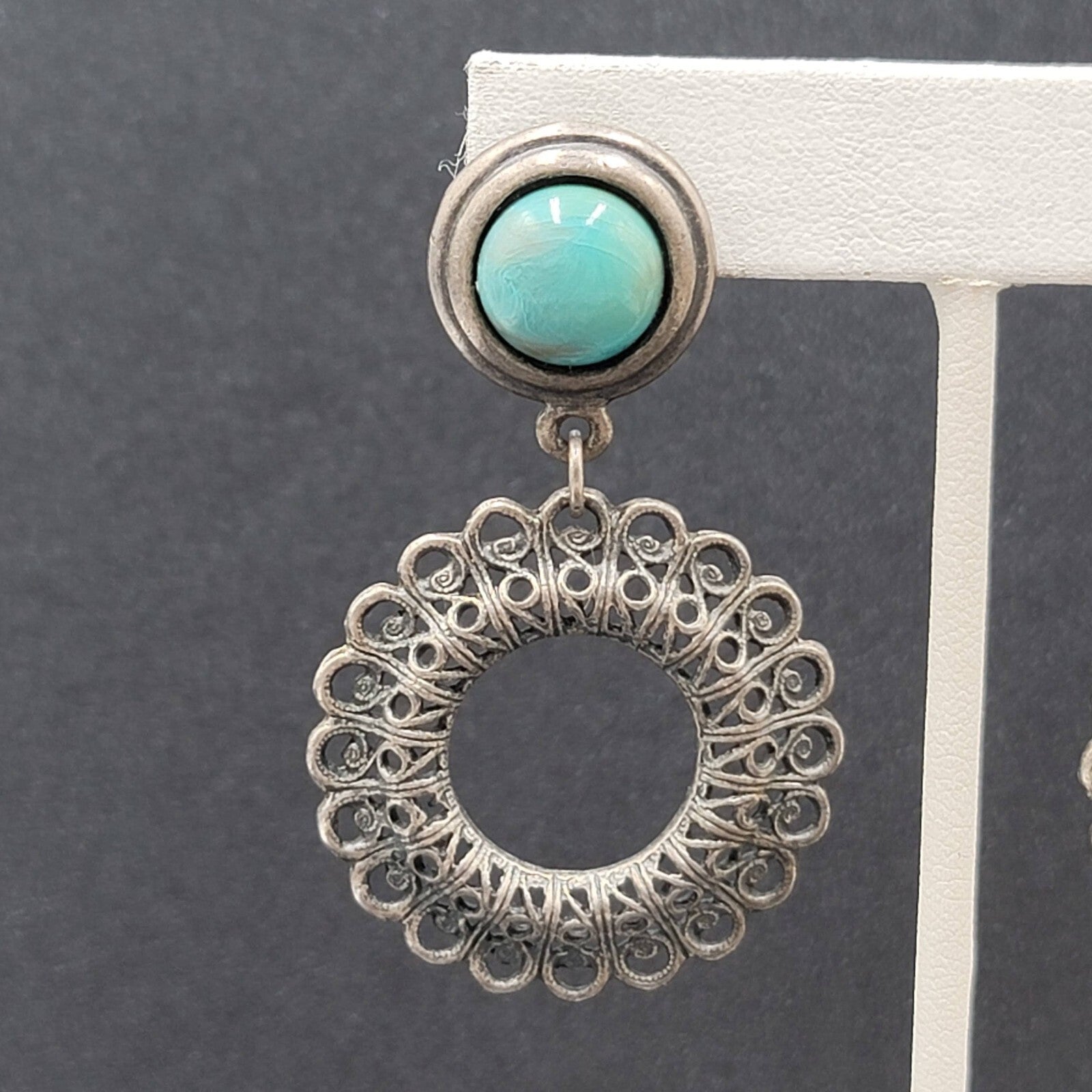 Pierced Earrings Silver tone Faux Acrylic Turquoise Dangle 2 3/8"