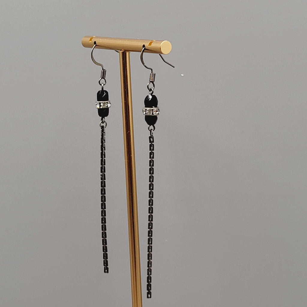 Black Metal Chain Pierced Earrings Rhinestone Bead Dangle 3"