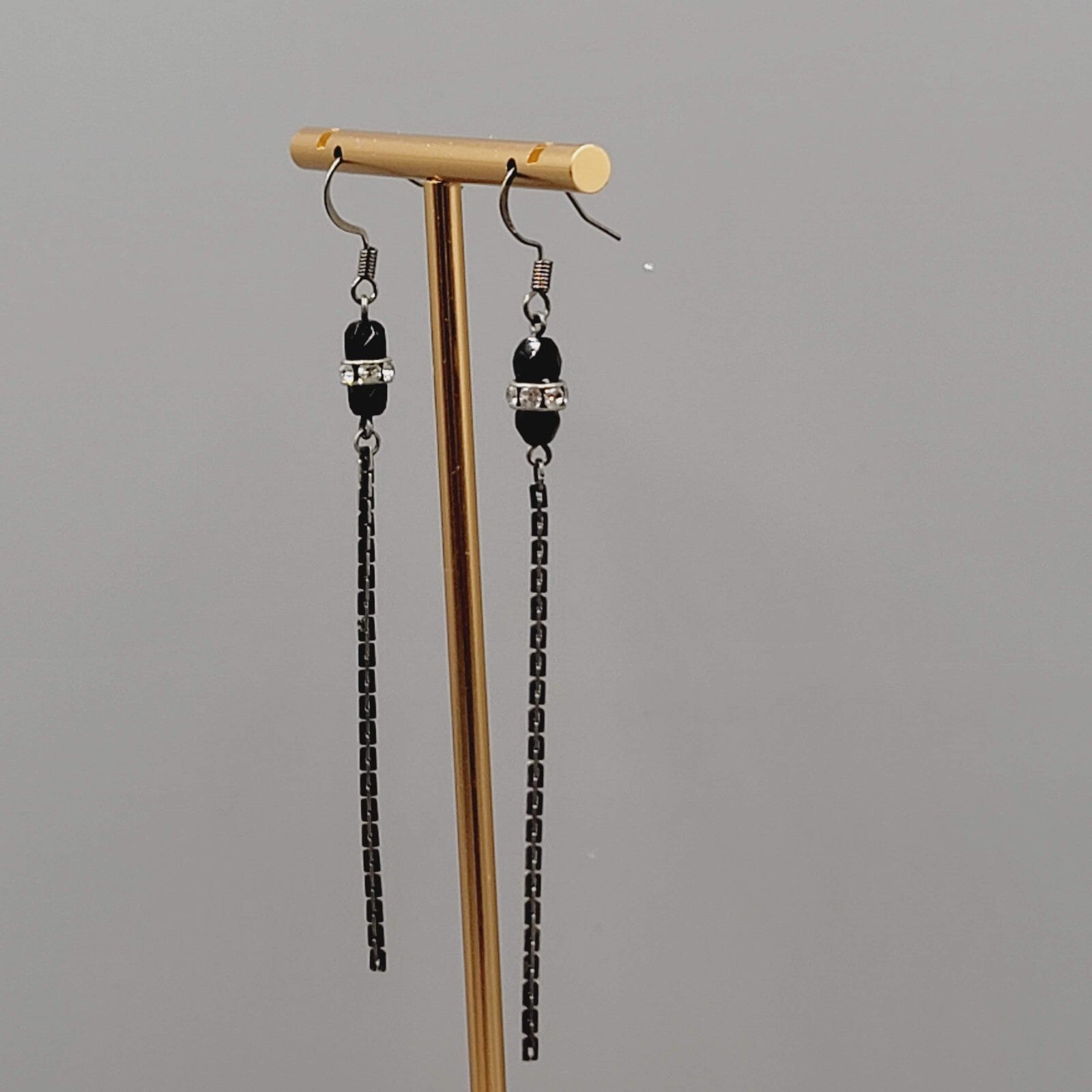 Black Metal Chain Pierced Earrings Rhinestone Bead Dangle 3"