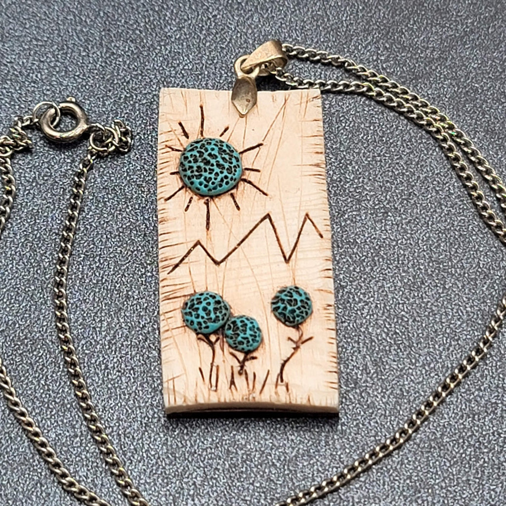Artisan Hand Made Wood Burning Pendant Necklace Flowers Mountains Silver tone 18