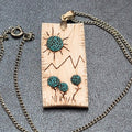 Artisan Hand Made Wood Burning Pendant Necklace Flowers Mountains Silver tone 18