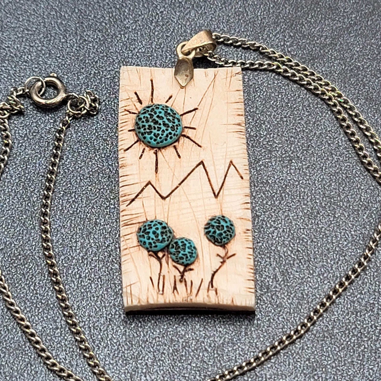 Artisan Hand Made Wood Burning Pendant Necklace Flowers Mountains Silver tone 18