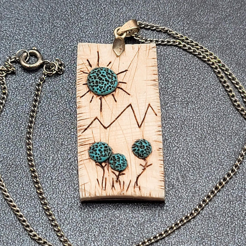 Artisan Hand Made Wood Burning Pendant Necklace Flowers Mountains Silver tone 18