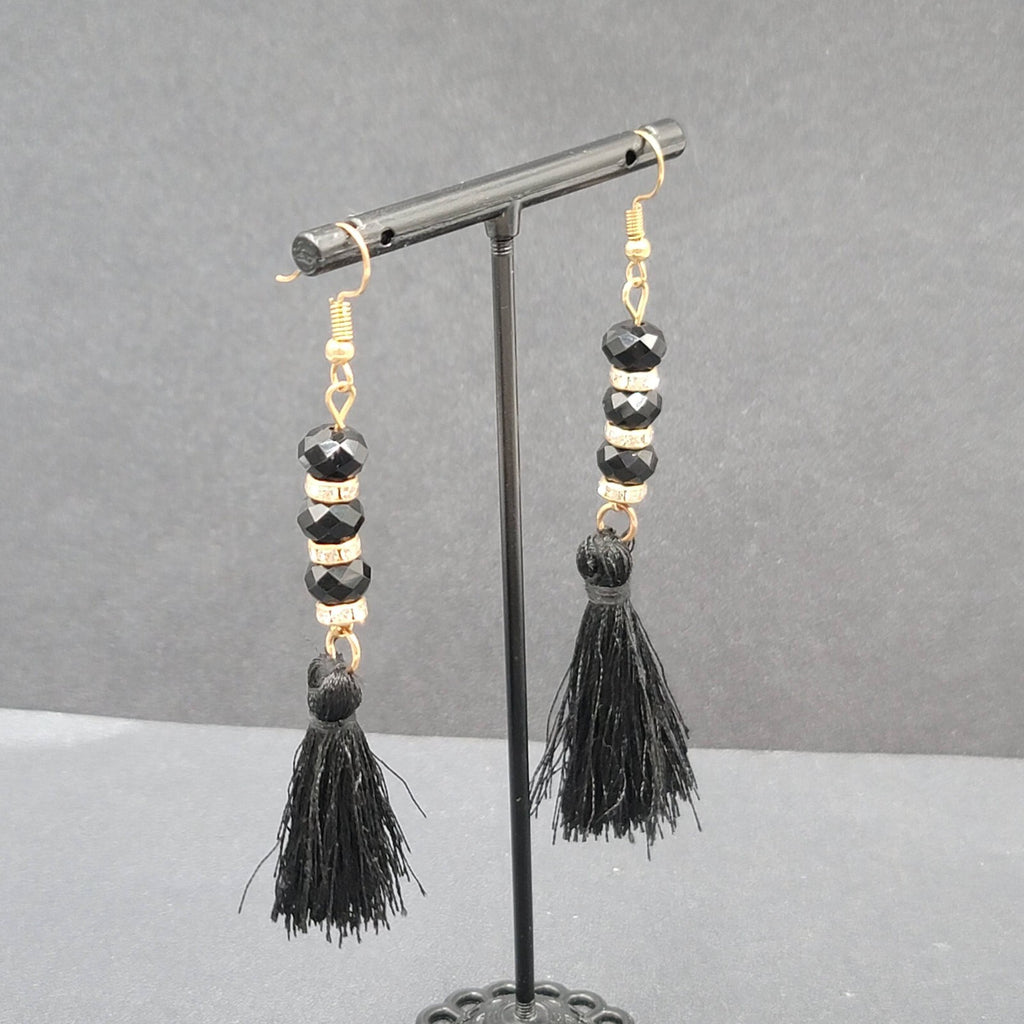 Black Tassel Pierced Earrings Gold tone Rhinestone Beads 3"