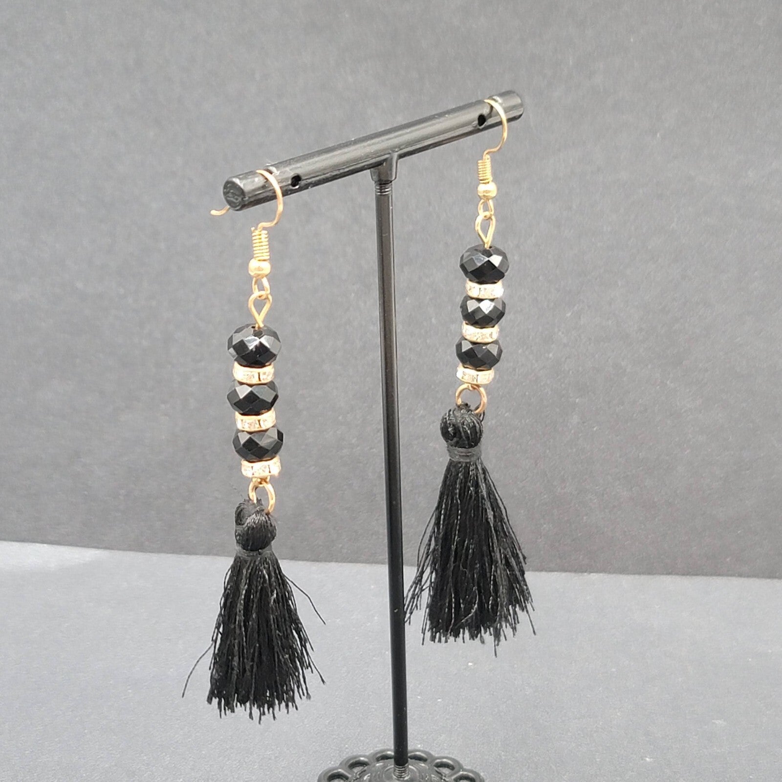 Black Tassel Pierced Earrings Gold tone Rhinestone Beads 3"