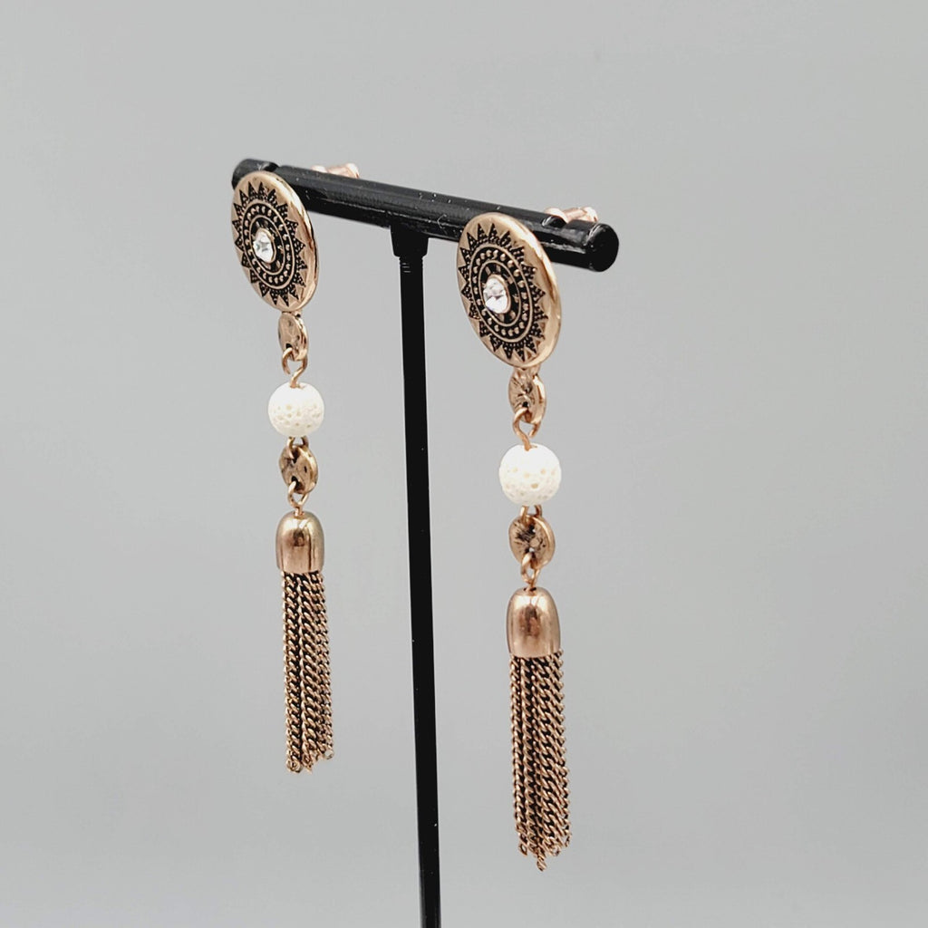 Pierced Earrings Copper tone Dangle Dangle Chains White Stone Bead 2.75"