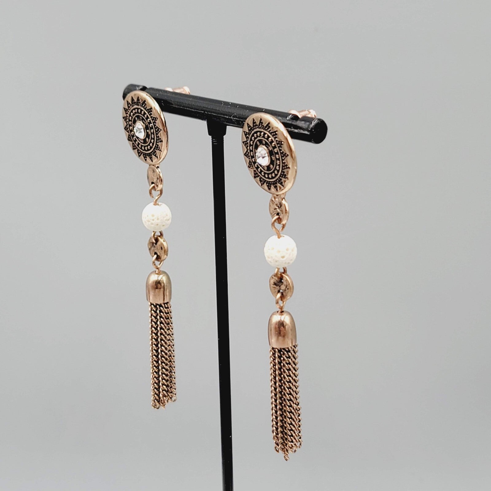 Pierced Earrings Copper tone Dangle Dangle Chains White Stone Bead 2.75"