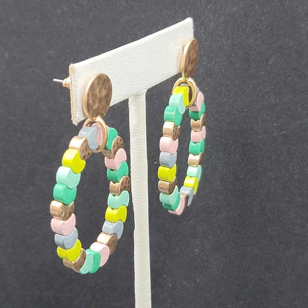 Pierced Earrings Gold tone Multicolor Strung Beads Hoop 2"