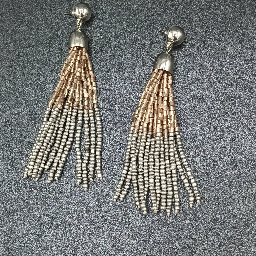 Pierced Earrings Gold and Silver tone Seed Bead Multi Strand Dangle 3.75"