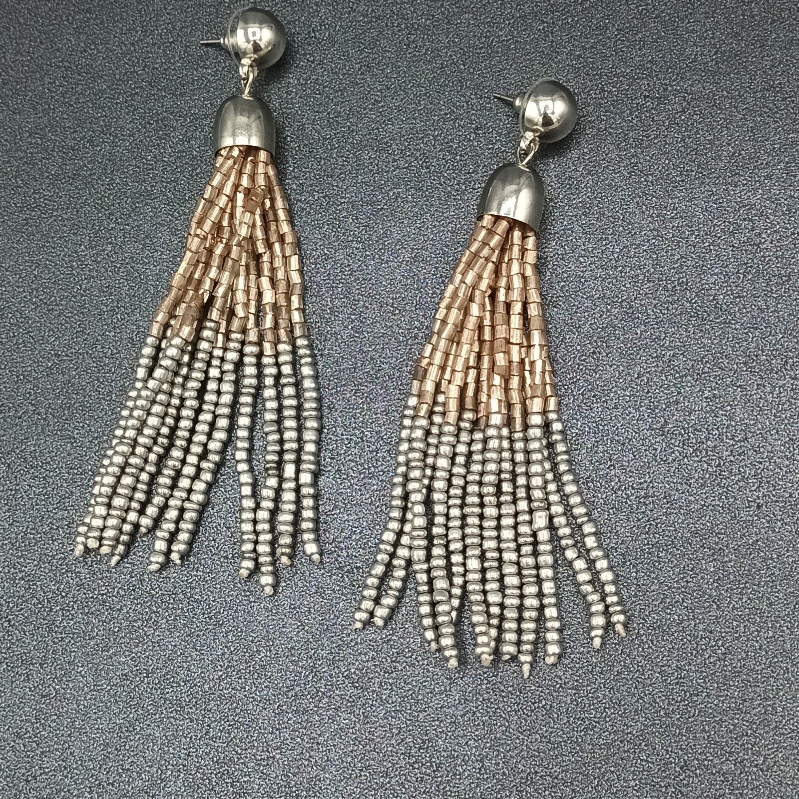 Pierced Earrings Gold and Silver tone Seed Bead Multi Strand Dangle 3.75"