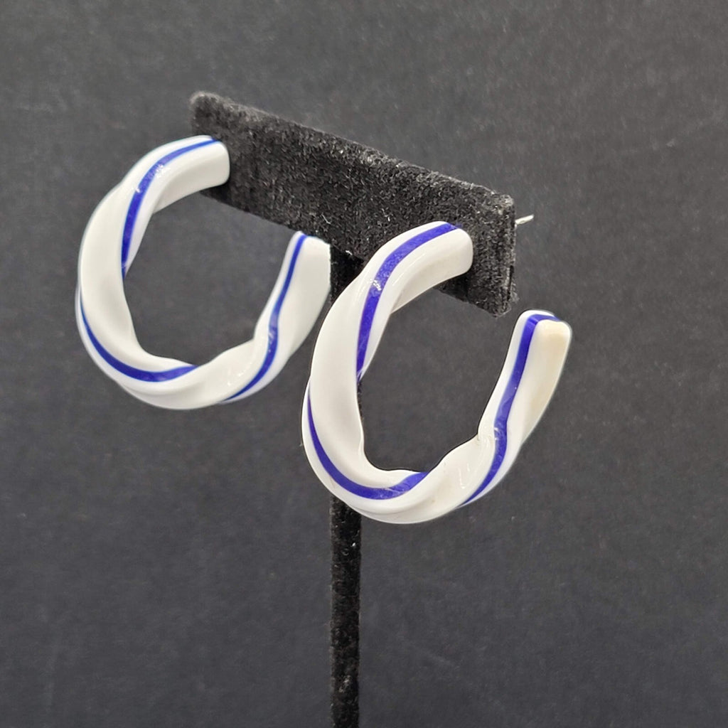 Pierced Earrings White Blue Acrylic Twist Hoops  1.5"