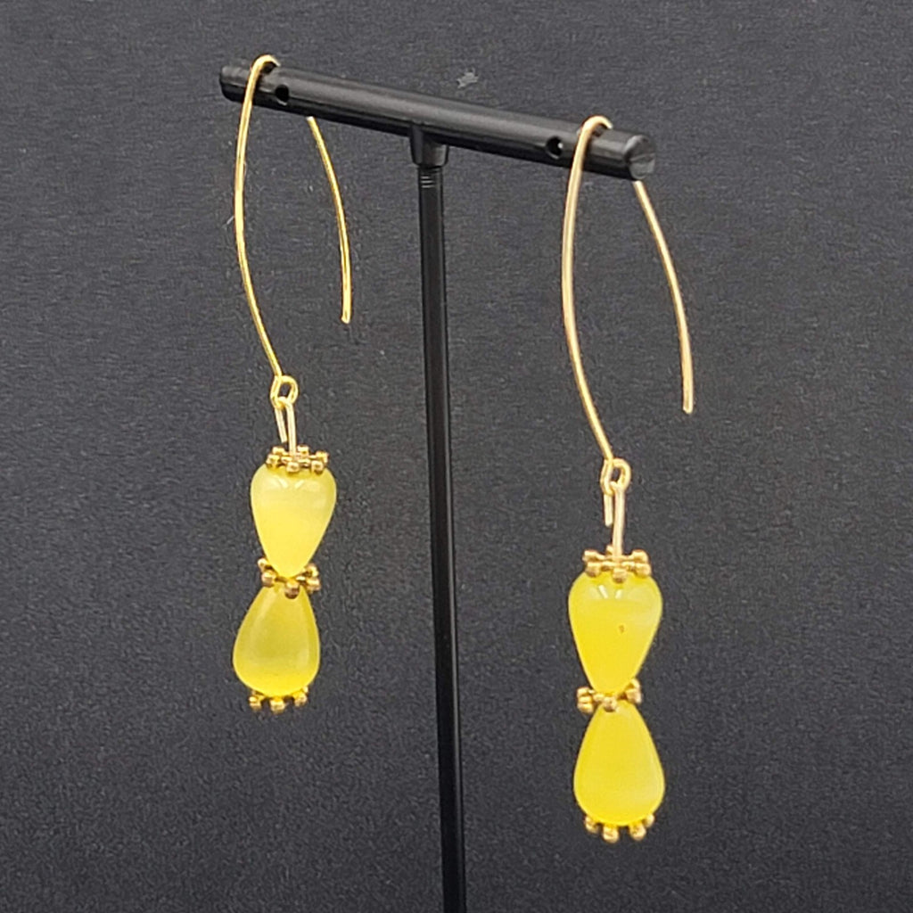 Pierced Earrings Gold tone Yellow Cats Eye Stone Beads Dangle 1.5"