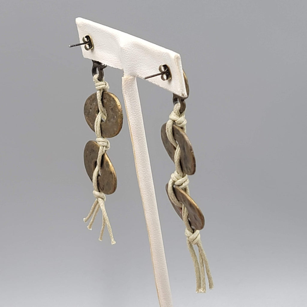 Bronze tone Drop Pierced Earrings Beige Cord Boho 3 in