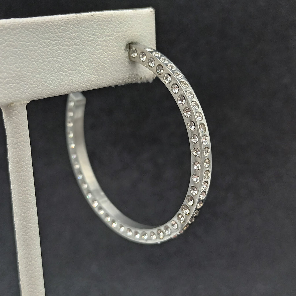 Pierced Earrings Silver tone Rhinestone Studded Statement Hoop 1 5/8"