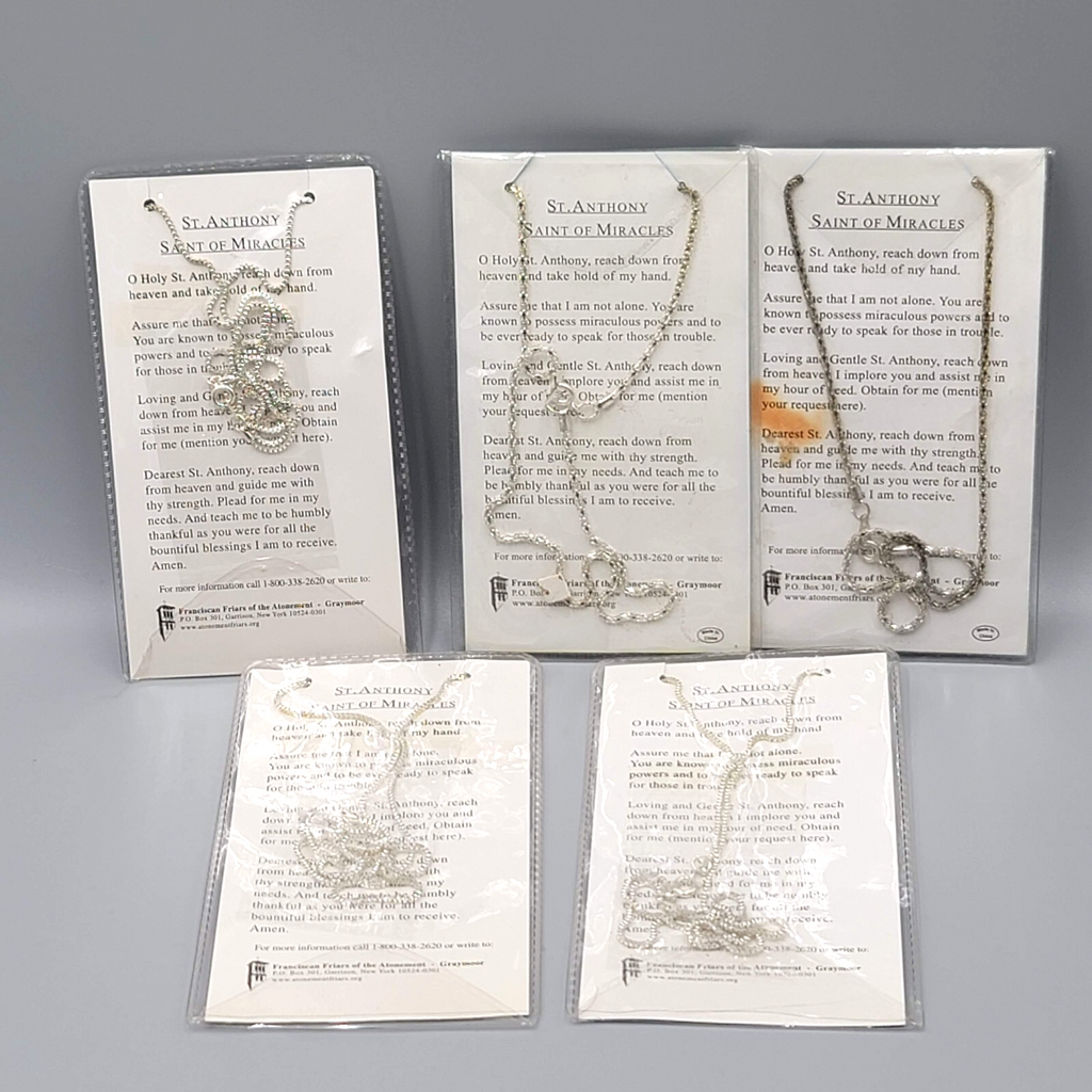 St Anthony Medal Necklace with Prayer Card Silver tone Lot of 5
