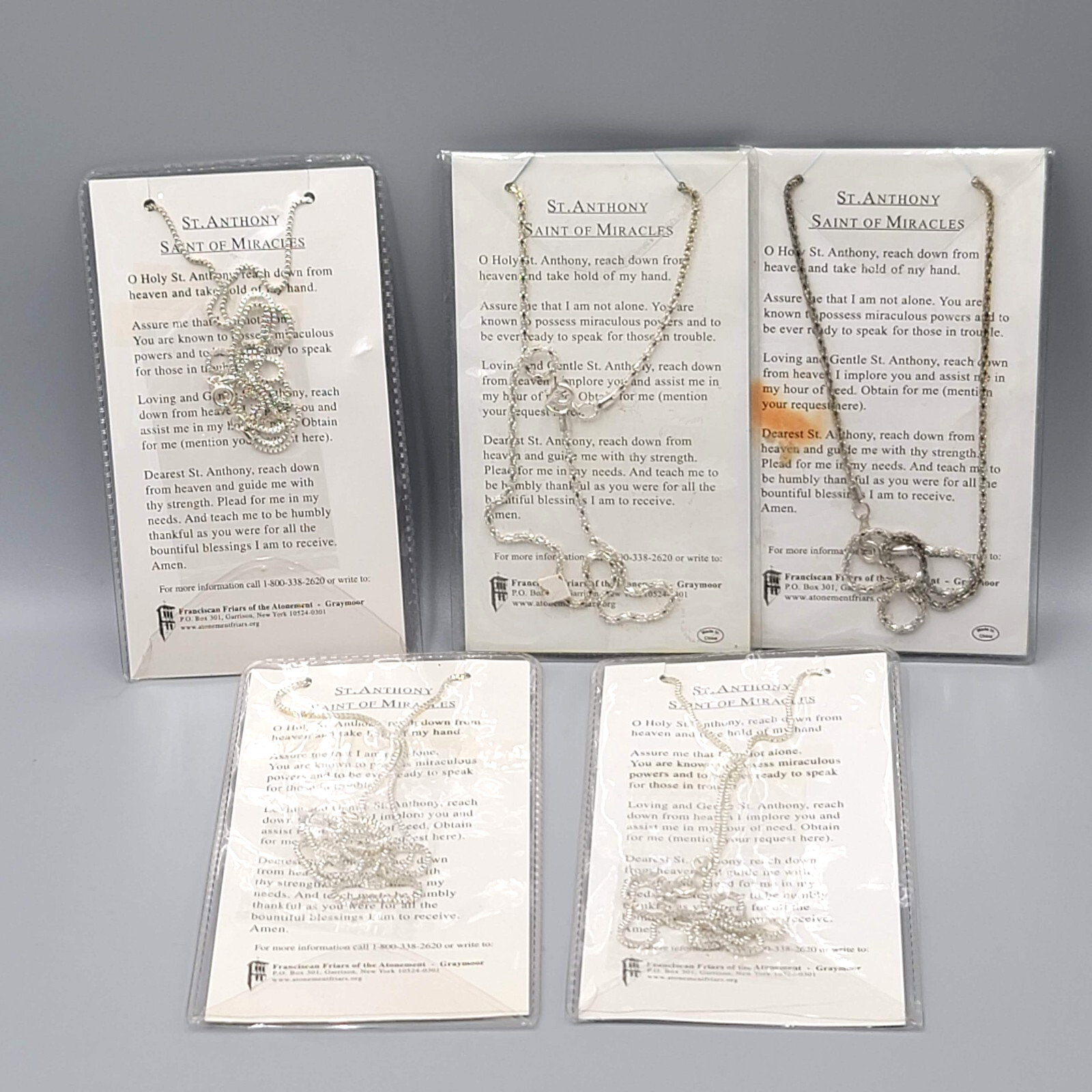 St Anthony Medal Necklace with Prayer Card Silver tone Lot of 5