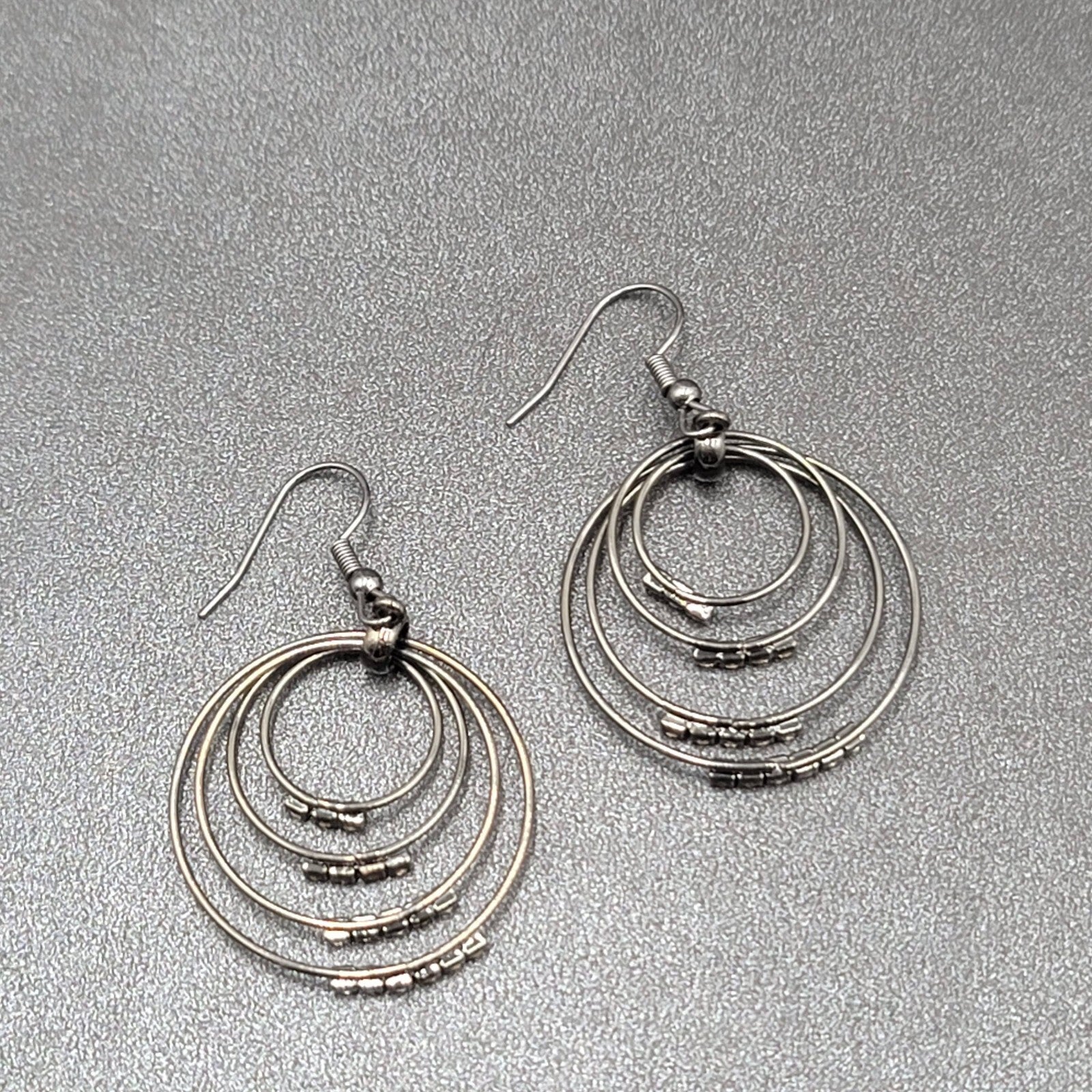 Pierced Earrings Black Metal Crystal Layered Hoops Dangle 1.75"