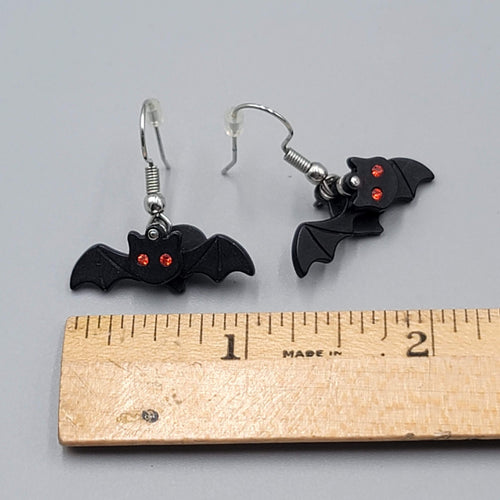 Bat Pierced Earrings Articulated Layered Dangle Red Rhinestone Eyes 1" x 1/2"
