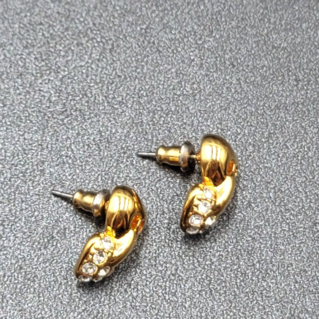 Vintage Pierced Earrings Gold Plated Heart Drop Crystal Rhinestone 5/8"