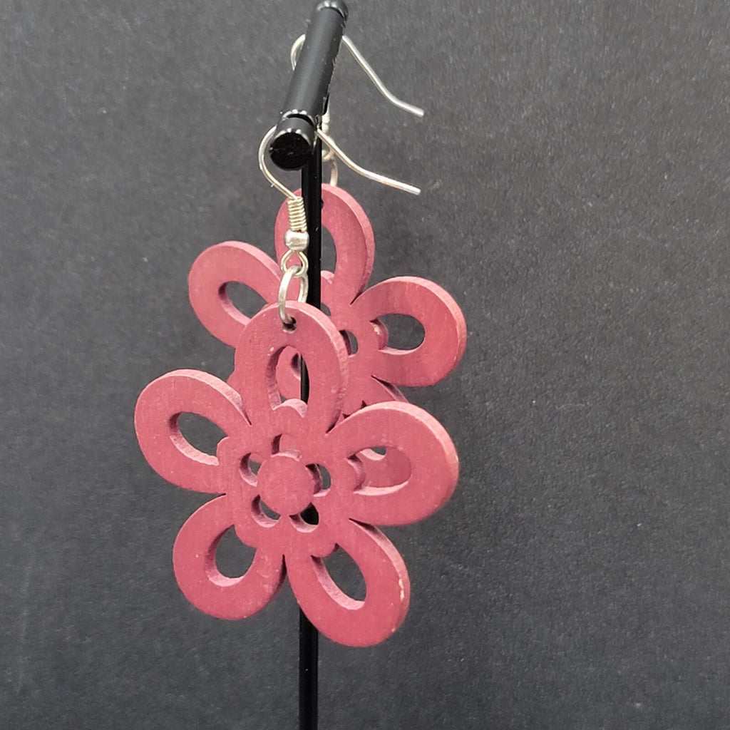 Flower Pierced Earrings Red Burgundy Laser Cut Wood Dangle 1.75"